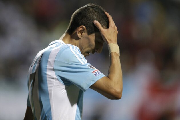 Argentina's Angel Di Maria  reacts after missing a chance to score during a Copa America Group B soccer match against Jamaica at the Sausalito Stadium in Vina del Mar, Chile, Saturday, June 20, 2015. (AP Photo/Natacha Pisarenko)