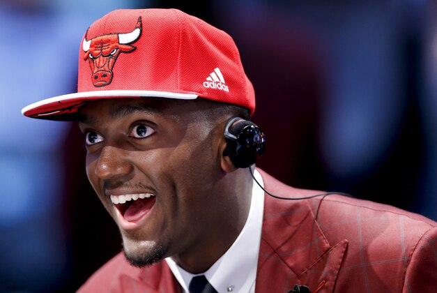 Bobby Portis answers questions during an interview after being selected 22nd overall by the Chicago Bulls during the NBA basketball draft, Thursday, June 25, 2015, in New York. (AP Photo/Kathy Willens)