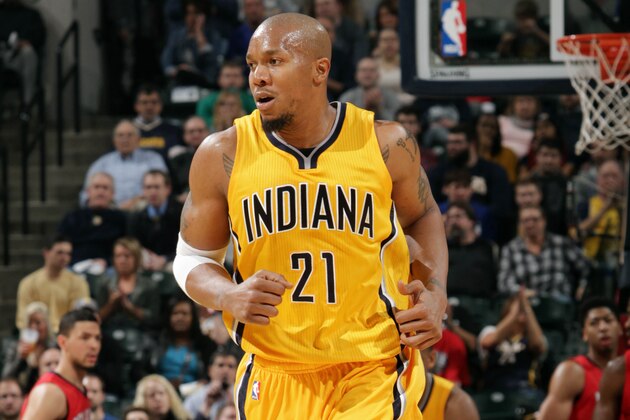INDIANAPOLIS, IN - DECEMBER 23: David West #21 of the Indiana Pacers runs down the court during a game against the Indiana Pacers on December 23, 2014 at Bankers Life Fieldhouse in Indianapolis, Indiana. NOTE TO USER: User expressly acknowledges and agrees that, by downloading and or using this Photograph, user is consenting to the terms and conditions of the Getty Images License Agreement. Mandatory Copyright Notice: Copyright 2014 NBAE (Photo by Ron Hoskins/NBAE via Getty Images)
