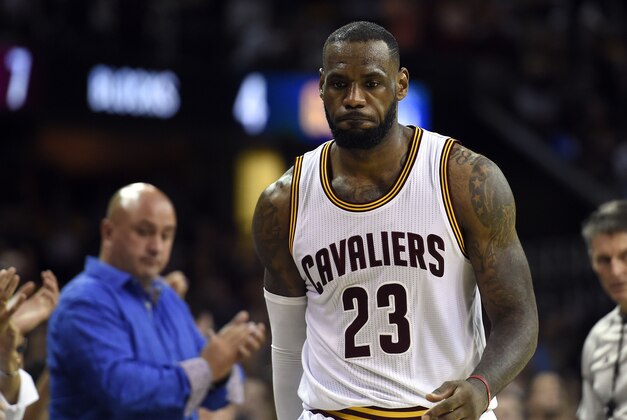 Jun 16, 2015; Cleveland, OH, USA; Cleveland Cavaliers forward LeBron James (23) walks off the court after loose to the Golden State Warriors in game six of the NBA Finals at Quicken Loans Arena. Mandatory Credit: Bob Donnan-USA TODAY Sports