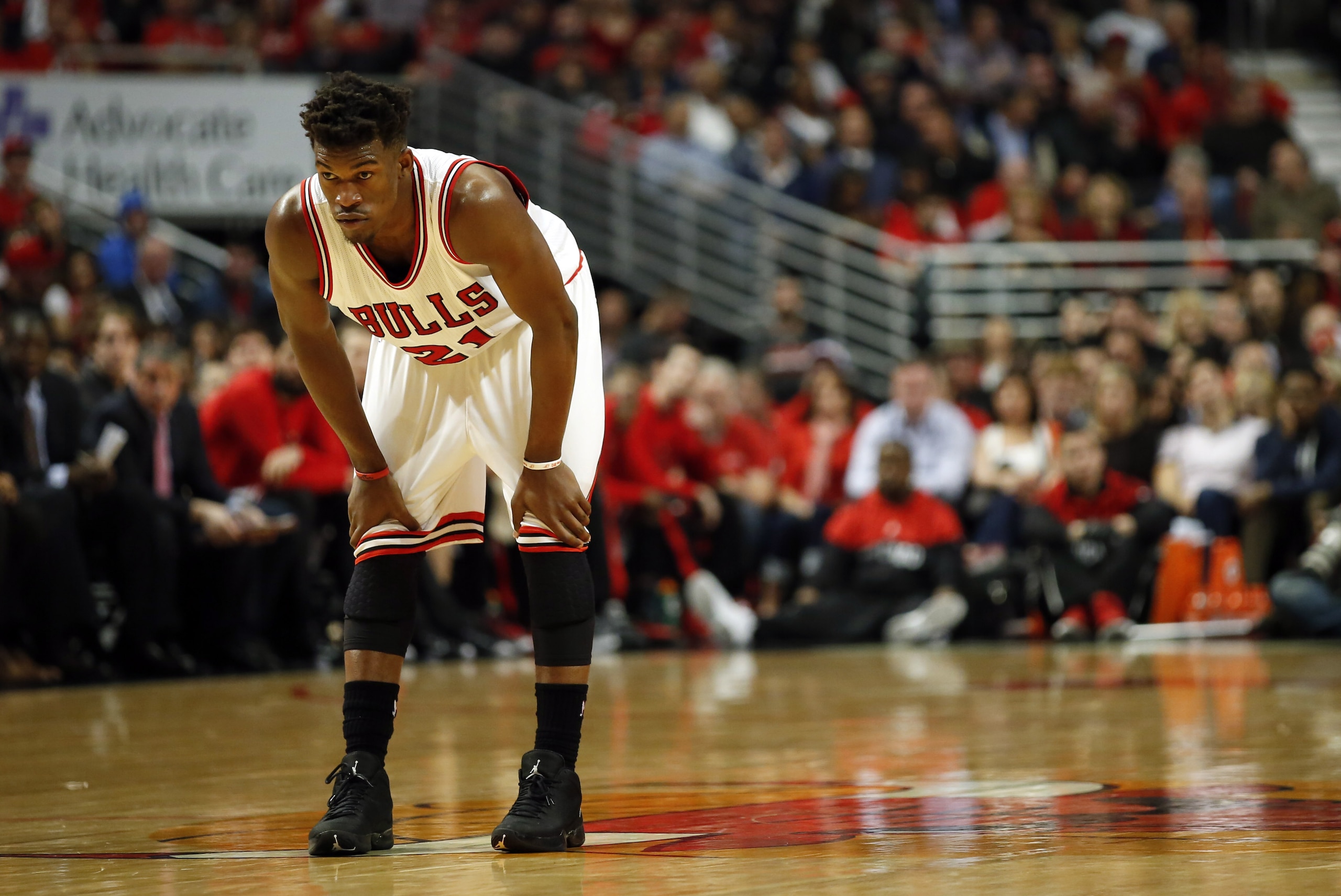Apr 27, 2015; Chicago, IL, USA; Chicago Bulls guard Jimmy Butler (21) looks on against the Milwaukee Bucks in game five of the first round of the 2015 NBA Playoffs at United Center. The Bucks won 94-88. Mandatory Credit: Kamil Krzaczynski-USA TODAY Sports Apr 27, 2015; Chicago, IL, USA; Chicago Bulls guard Jimmy Butler (21) looks on against the Milwaukee Bucks in game five of the first round of the 2015 NBA Playoffs at United Center. The Bucks won 94-88. Mandatory Credit: Kamil Krzaczynski-USA TODAY Sports