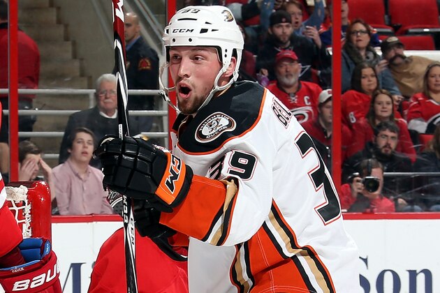 RALEIGH, NC - FEBRUARY 12: Matt Beleskey #39 of the Anaheim Ducks celebrates his second-period goal against the Carolina Hurricanes during an NHL game at PNC Arena on Febuary 12, 2015 in Raleigh, North Carolina.  (Photo by Gregg Forwerck/NHLI via Getty Images)