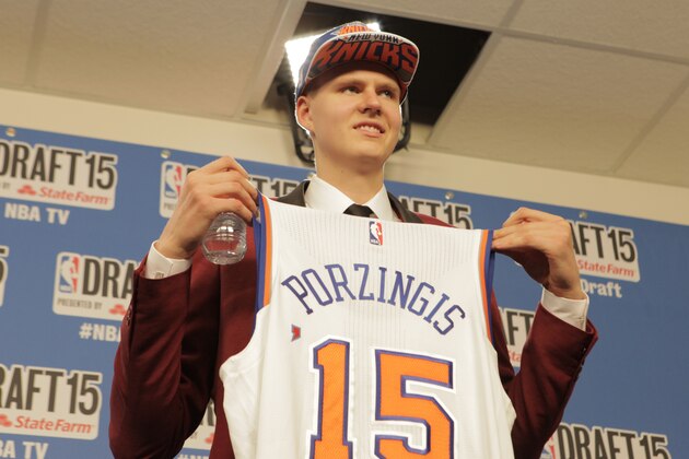 BROOKLYN, NY - JUNE 25:  Kristaps Porzingis, the fourth overall pick of the NBA Draft by the New York Knicks, speaks at a press conference during the 2015 NBA Draft on June 25, 2015 at Barclays Center in Brooklyn, New York. NOTE TO USER: User expressly acknowledges and agrees that, by downloading and or using this photograph, User is consenting to the terms and conditions of the Getty Images License Agreement. Mandatory Copyright Notice: Copyright 2015 NBAE (Photo by Mark Westcott /NBAE via Getty Images)