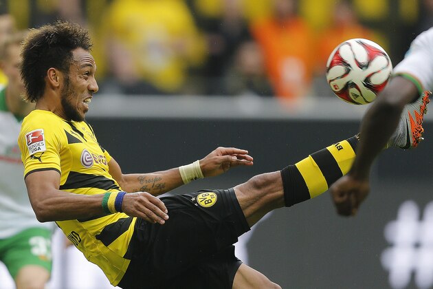 Dortmund's Pierre-Emerick Aubameyang from Gabon during the German first division Bundesliga soccer match between BvB Borussia Dortmund  and Werder Bremen in Dortmund, Germany, Saturday, May 23, 2015. (AP Photo/Frank Augstein)