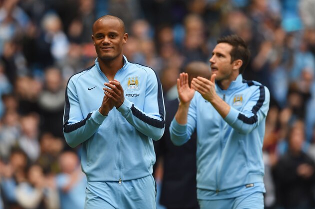MANCHESTER, ENGLAND - MAY 24:  Vincent Kompany and Frank Lampard of Manchester City applaud supporters after the Barclays Premier League match between Manchester City and Southampton at Etihad Stadium on May 24, 2015 in Manchester, England.  (Photo by Shaun Botterill/Getty Images)