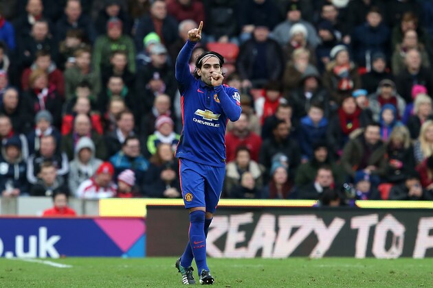 STOKE ON TRENT, ENGLAND - JANUARY 01:  Radamel Falcao of Manchester United  celebrates scoring his team's first goal during the Barclays Premier League match between Stoke City and Manchester United at Britannia Stadium on January 1, 2015 in Stoke on Trent, England.  (Photo by Jan Kruger/Getty Images)