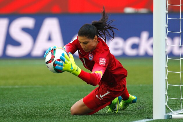 WINNIPEG, MB - JUNE 08:  Goalkeeper Hope Solo #1 of United States makes a save in the first half against Australia during the FIFA Women's World Cup 2015 Group D match at Winnipeg Stadium on June 8, 2015 in Winnipeg, Canada.  (Photo by Kevin C. Cox/Getty Images)