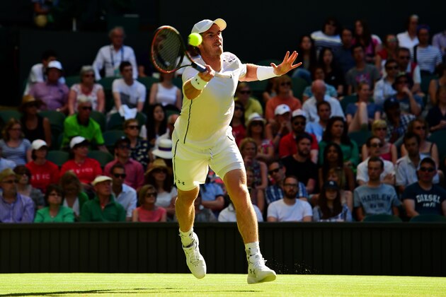 LONDON, ENGLAND - JUNE 30:  Andy Murray of Great Britain in action in his Gentlemens Singles first round match against Mikhail Kukushkin of Kazakhstan during day two of the Wimbledon Lawn Tennis Championships at the All England Lawn Tennis and Croquet Club on June 30, 2015 in London, England.  (Photo by Shaun Botterill/Getty Images)
