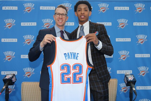 OKLAHOMA CITY, OK - JUNE 27: Sam Presti and Cameron Payne #22 of the Oklahoma City Thunder pose for a picture on June 27, 2015 at Devon Tower in Oklahoma City, Oklahoma. NOTE TO USER: User expressly acknowledges and agrees that, by downloading and or using this Photograph, user is consenting to the terms and conditions of the Getty Images License Agreement. Mandatory Copyright Notice: Copyright 2015 NBAE (Photo by Layne Murdoch/NBAE via Getty Images)