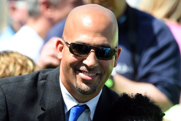 Apr 18, 2015; University Park, PA, USA; Penn State Nittany Lions head coach James Franklin greets fans prior to the Blue White spring game at Beaver Stadium.  Mandatory Credit: Rich Barnes-USA TODAY Sports
