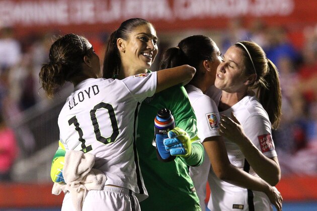 OTTAWA, ON - JUNE 26:  Hope Solo #1 of the United States celebrates with Carli Lloyd #10 after defeating China 1-0 in the FIFA Women's World Cup 2015 Quarter Final match at Lansdowne Stadium on June 26, 2015 in Ottawa, Canada.  (Photo by Jana Chytilova/Freestyle Photo/Getty Images)