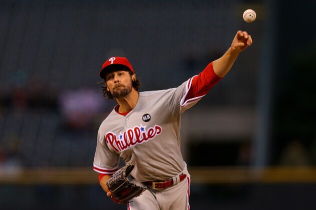DENVER, CO - MAY 18:  Starting pitcher Cole Hamels #35 of the Philadelphia Phillies delivers to home plate during the first inning against the Colorado Rockies at Coors Field on May 18, 2015 in Denver, Colorado. (Photo by Justin Edmonds/Getty Images)