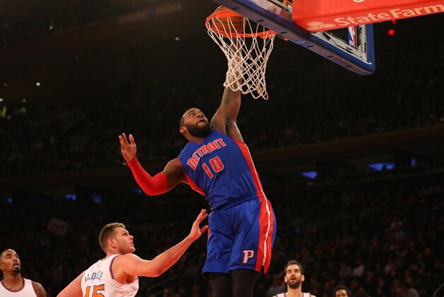 Jan 2, 2015; New York, NY, USA;  Detroit Pistons forward Greg Monroe (10) dunks during the first quarter against the New York Knicks at Madison Square Garden. Mandatory Credit: Anthony Gruppuso-USA TODAY Sports