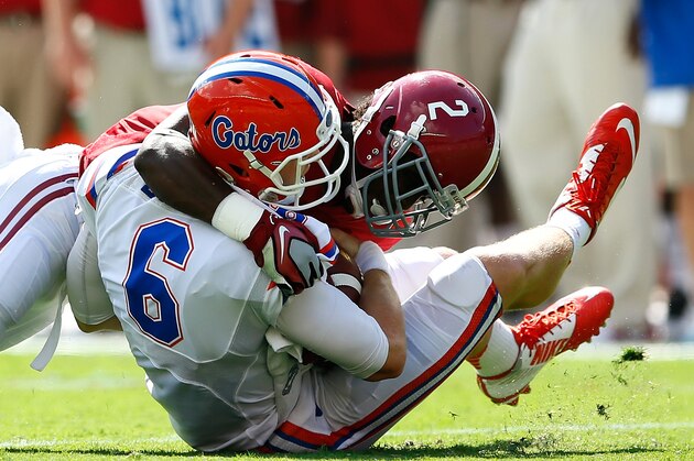 TUSCALOOSA, AL - SEPTEMBER 20:  Tony Brown #2 of the Alabama Crimson Tide sacks Jeff Driskel #6 of the Florida Gators at Bryant-Denny Stadium on September 20, 2014 in Tuscaloosa, Alabama.  (Photo by Kevin C. Cox/Getty Images)
