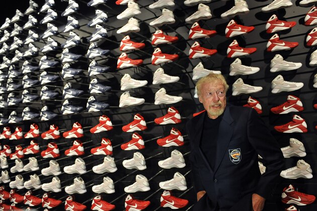 Nike founder Phil Knight, a member of the 2012 class of inductees into the Basketball Hall of Fame, waits to be interviewed by the media at the Naismith Memorial Basketball Hall of Fame in Springfield, Mass., Thursday, Sept. 6, 2012.  Knight will be inducted into the Hall on Friday. (AP Photo/Jessica Hill)