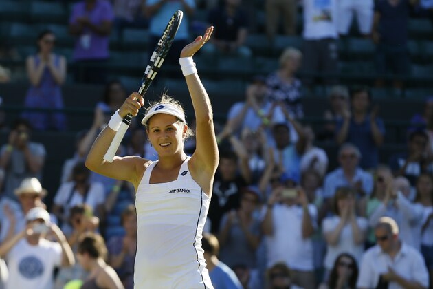 Jana Cepelova of Slovakia celebrates after defeating Simona Halep of Romania in their singles first round match at the All England Lawn Tennis Championships in Wimbledon, London, Tuesday June 30, 2015. Cepelova won the match 5-7, 6-4, 6-3. (AP Photo/Kirsty Wigglesworth) Jana Cepelova of Slovakia celebrates after defeating Simona Halep of Romania in their singles first round match at the All England Lawn Tennis Championships in Wimbledon, London, Tuesday June 30, 2015. Cepelova won the match 5-7, 6-4, 6-3. (AP Photo/Kirsty Wigglesworth)