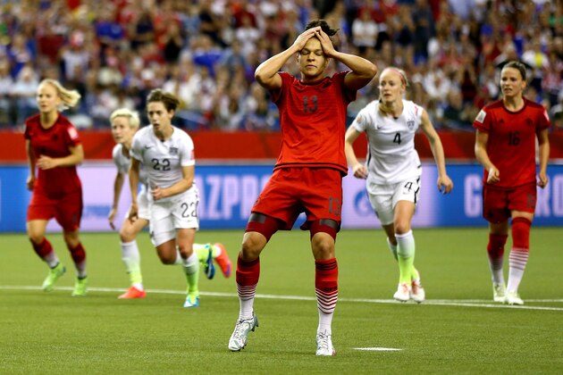 MONTREAL, QC - JUNE 30:  Celia Sasic #13 of Germany reacts after missing a penalty kick against the United States in the second half in the FIFA Women's World Cup 2015 Semi-Final Match at Olympic Stadium on June 30, 2015 in Montreal, Canada.  (Photo by Elsa/Getty Images)
