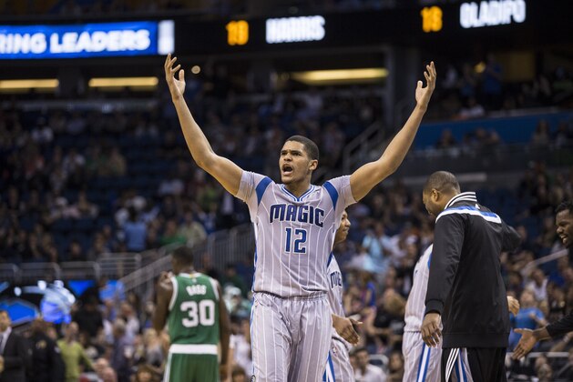 Orlando Magic forward Tobias Harris (12) celebrates their 20 point first half come back during the second half of an NBA basketball game in Orlando, Fla., Sunday, March 8, 2015. Magic won 103-98. (AP Photo/Willie J. Allen Jr.)