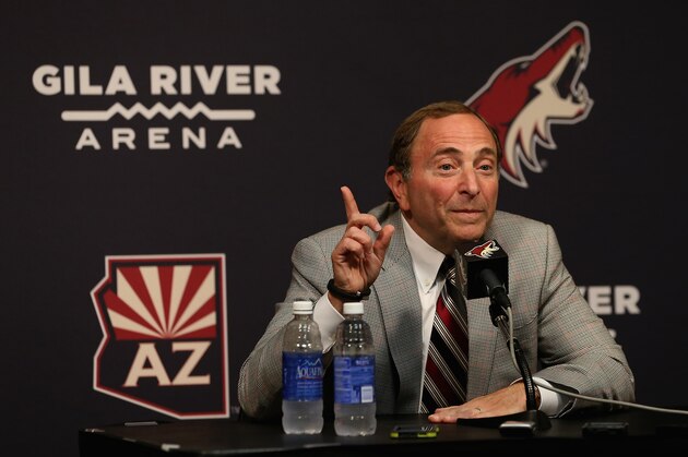 GLENDALE, AZ - OCTOBER 09:  NHL commissioner Gary Bettman speaks at a press conference before the NHL game between the Arizona Coyotes and the Winnipeg Jets at Gila River Arena on October 9, 2014 in Glendale, Arizona.  (Photo by Christian Petersen/Getty Images)