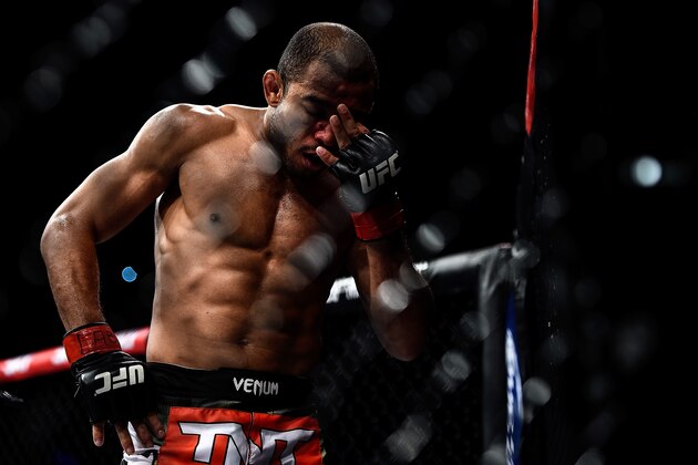 RIO DE JANEIRO, BRAZIL - OCTOBER 25: Jose Aldo of Brazil reacts in his featherweight championship bout against Chad Mendes of the United States during the UFC 179 event at Maracanazinho on October 25, 2014 in Rio de Janeiro, Brazil. (Photo by Buda Mendes/Getty Images)