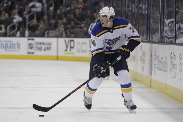 St. Louis Blues' TJ Oshie plays against the Columbus Blue Jackets during an NHL hockey game Friday, Feb. 6, 2015, in Columbus, Ohio. (AP Photo/Jay LaPrete)