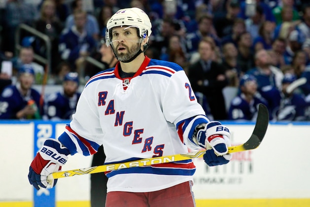 May 20, 2015; Tampa, FL, USA; New York Rangers right wing Martin St. Louis (26) during the third period of  game three of the Eastern Conference Final of the 2015 Stanley Cup Playoffs at Amalie Arena. Mandatory Credit: Kim Klement-USA TODAY Sports