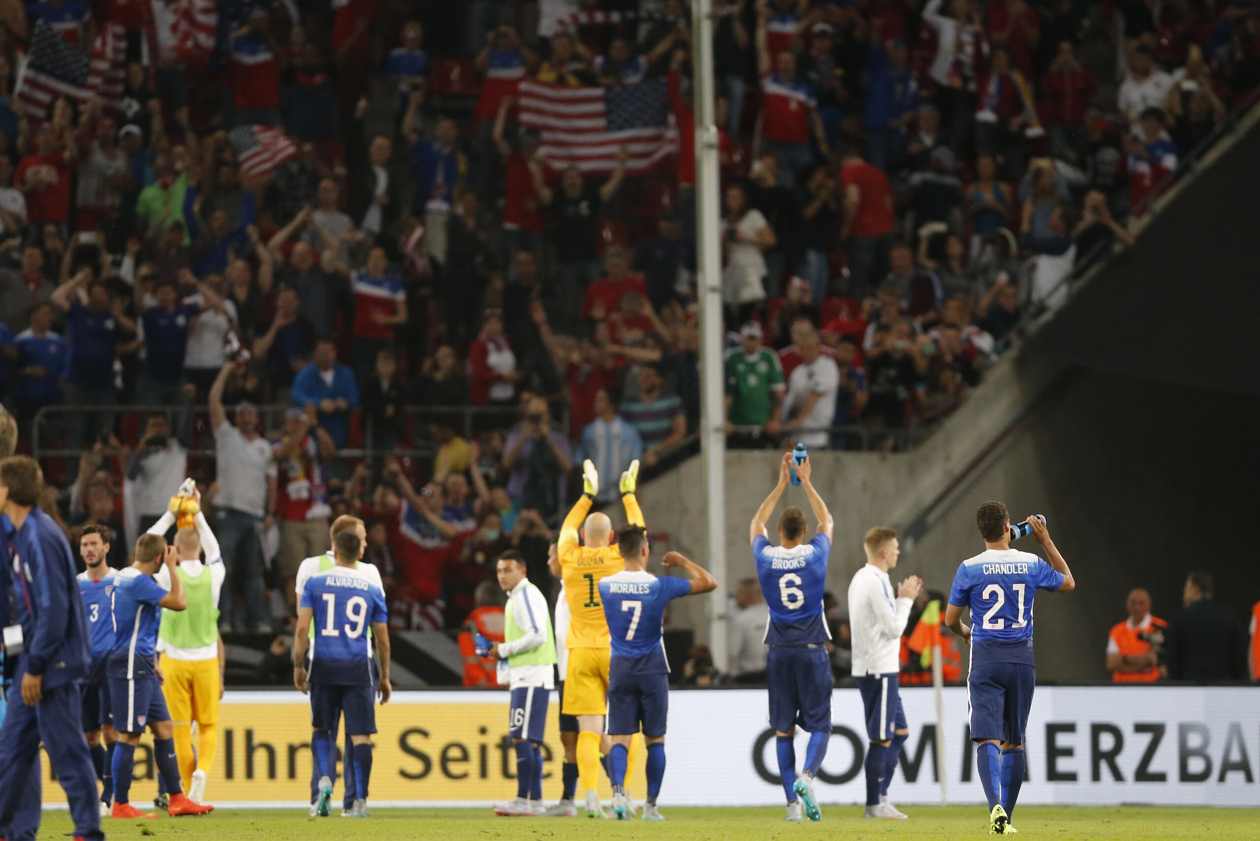 US player acknowledge their fans after winning 2-1 during the soccer friendly match between Germany and the United States in Cologne, western Germany, Wednesday, June 10, 2015. (AP Photo/Frank Augstein) US player acknowledge their fans after winning 2-1 during the soccer friendly match between Germany and the United States in Cologne, western Germany, Wednesday, June 10, 2015. (AP Photo/Frank Augstein)