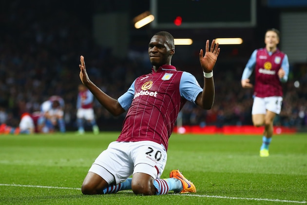 BIRMINGHAM, ENGLAND - APRIL 07:  Christian Benteke of Aston Villa (20) celebrates as he scores their second goal during the Barclays Premier League match between Aston Villa and Queens Park Rangers at Villa Park on April 7, 2015 in Birmingham, England.  (Photo by Matthew Lewis/Getty Images)
