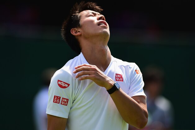LONDON, ENGLAND - JUNE 27:  Kei Nishikori of Japan during a pratice session prior to the Wimbledon Lawn Tennis Championships at the All England Lawn Tennis and Croquet Club on June 27, 2015 in London, England.  (Photo by Shaun Botterill/Getty Images)