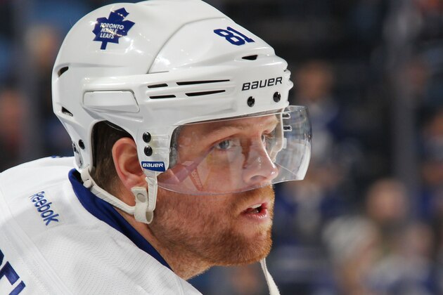 BUFFALO, NY - APRIL 01: Phil Kessel #81 of the Toronto Maple Leafs warms up before their game against the Buffalo Sabres on April 1, 2015 at the First Niagara Center in Buffalo, New York.  (Photo by Bill Wippert/NHLI via Getty Images)