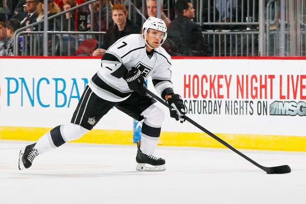 NEWARK, NJ - MARCH 23: Andrej Sekera #7 of the Los Angeles Kings controls the puck in the first-period against the New Jersey Devils during the game at the Prudential Center on March 23, 2015 in Newark, New Jersey. (Photo by Andy Marlin/NHLI via Getty Images)