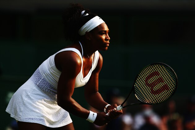 LONDON, ENGLAND - JULY 01:  Serena Williams of the United States in action in her Ladies Singles Second Round match against Timea Babos of Hungary during day three of the Wimbledon Lawn Tennis Championships at the All England Lawn Tennis and Croquet Club on July 1, 2015 in London, England.  (Photo by Clive Brunskill/Getty Images)