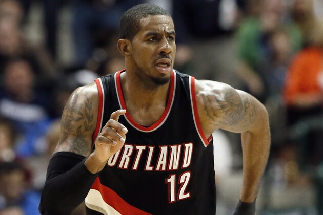 Portland Trail Blazers' LaMarcus Aldridge (12) runs up court during an NBA basketball game against the Dallas Mavericks Saturday, Feb. 7, 2015, in Dallas. (AP Photo/Tony Gutierrez)