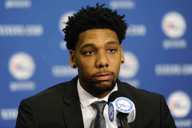 Jahlil Okafor, the first-round pick of the Philadelphia 76ers in the NBA draft, talks to reporters during a press conference at the 76ers practice facility, Saturday, June 27, 2015, in Philadelphia. (AP Photo/Michael Perez)