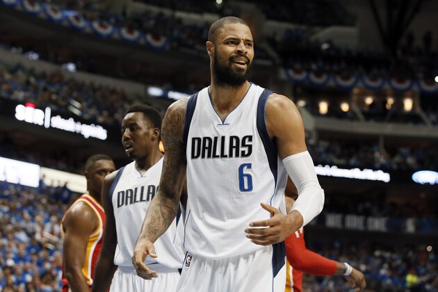 Dallas Mavericks' Tyson Chandler (6) looks toward and official after being charged with a foul against Houston Rockets' Dwight Howard in the first half of Game 4 in an NBA basketball first-round playoff series Sunday, April 26, 2015, in Dallas. (AP Photo/Tony Gutierrez)