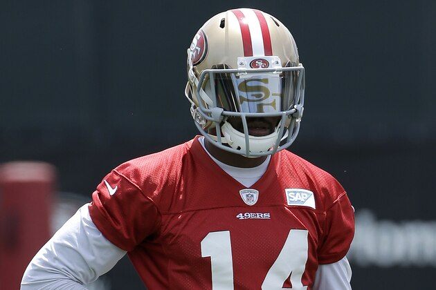 San Francisco 49ers wide receiver Jerome Simpson stands on the field during practice at an NFL football facility in Santa Clara, Calif., Friday, May 29, 2015. (AP Photo/Jeff Chiu)