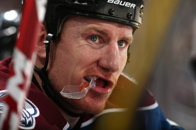 DENVER, CO - APRIL 03: Cody McLeod #55 of the Colorado Avalanche chews his mouthguard during a game against the New York Rangers at the Pepsi Center on April 03, 2014 in Denver, Colorado.  (Photo by Michael Martin/NHLI via Getty Images)
