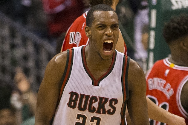 MILWAUKEE, WI - APRIL 23:  Guard Khris Middleton #22 of the Milwaukee Bucks reacts after hitting a three-point shot in the fourth quarter of game three during the first round of the 2015 NBA Playoffs April 23, 2015 at the Bradley Center in Milwaukee, Wisconsin.  NOTE TO USER: User expressly acknowledges and agrees that, by downloading and or using this Photograph, user is consenting to the terms and condition of the Getty Images License Agreement.(Photo by Tom Lynn/Getty Images)
