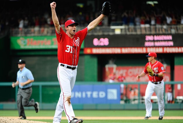 Jun 20, 2015; Washington, DC, USA; Washington Nationals starting pitcher Max Scherzer (31) reacts after recording the final out of a no hitter against the Pittsburgh Pirates at Nationals Park. The Nationals won 6 - 0. Mandatory Credit: Brad Mills-USA TODAY Sports