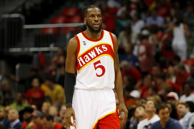 ATLANTA, GA - MAY 22:  DeMarre Carroll #5 of the Atlanta Hawks reacts against the Cleveland Cavaliers in the first quarter during Game Two of the Eastern Conference Finals of the 2015 NBA Playoffs at Philips Arena on May 22, 2015 in Atlanta, Georgia. NOTE TO USER: User expressly acknowledges and agrees that, by downloading and or using this Photograph, user is consenting to the terms and conditions of the Getty Images License Agreement.  (Photo by Kevin C. Cox/Getty Images)