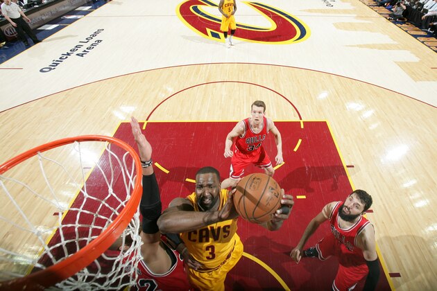 CLEVELAND, OH - MAY 12:  Kendrick Perkins #3 of the Cleveland Cavaliers drives to the basket against the Chicago Bulls in Game Five of the Eastern Conference Semifinals of the NBA Playoffs at The Quicken Loans Arena on May 12, 2015 in Cleveland, Ohio. NOTE TO USER: User expressly acknowledges and agrees that, by downloading and/or using this Photograph, user is consenting to the terms and conditions of the Getty Images License Agreement. Mandatory Copyright Notice: Copyright 2015 NBAE (Photo by Nathaniel S. Butler/NBAE via Getty Images)