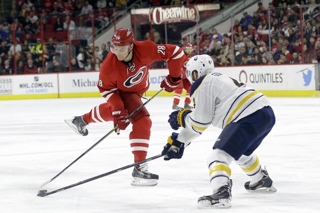Carolina Hurricanes' Alexander Semin (28), of Russia, shoots as Buffalo Sabres' Josh Gorges (4) defends during the second period of an NHL hockey game in Raleigh, N.C., Thursday, Jan. 8, 2015. (AP Photo/Gerry Broome)