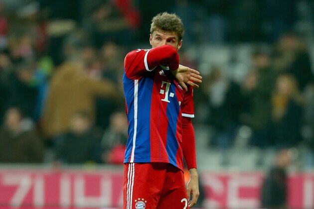 MUNICH, GERMANY - MARCH 22: Thomas Mueller of Muenchen reacts after the Bundesliga match between FC Bayern Muenchen and Borussia Moenchengladbach at Allianz Arena on March 22, 2015 in Munich, Germany. (Photo by Alexander Hassenstein/Getty Images For MAN) MUNICH, GERMANY - MARCH 22: Thomas Mueller of Muenchen reacts after the Bundesliga match between FC Bayern Muenchen and Borussia Moenchengladbach at Allianz Arena on March 22, 2015 in Munich, Germany. (Photo by Alexander Hassenstein/Getty Images For MAN)