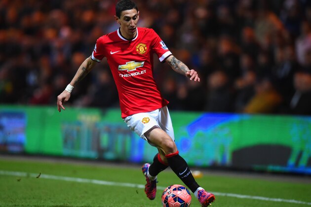 PRESTON, ENGLAND - FEBRUARY 16: Angel di Maria of Manchester United on the ball during the FA Cup Fifth round match between Preston North End and Manchester United at Deepdale on February 16, 2015 in Preston, England  (Photo by Michael Regan/Getty Images)