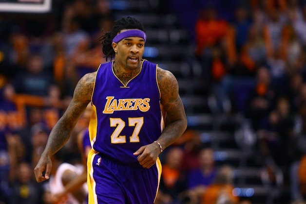 Jan 19, 2015; Phoenix, AZ, USA; Los Angeles Lakers center Jordan Hill (27) against the Phoenix Suns at US Airways Center. The Suns defeated the Lakers 115-100. Mandatory Credit: Mark J. Rebilas-USA TODAY Sports