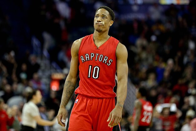 Feb 23, 2015; New Orleans, LA, USA;  Toronto Raptors guard DeMar DeRozan (10) reacts against the New Orleans Pelicans during the fourth quarter of a game at the Smoothie King Center. The Pelicans defeated the Raptors 100-97. Mandatory Credit: Derick E. Hingle-USA TODAY Sports