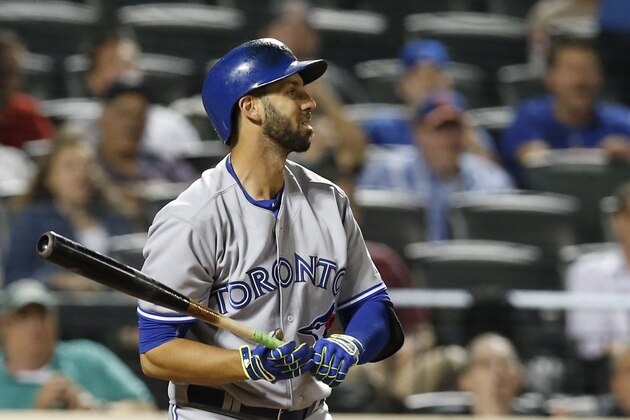 Toronto Blue Jays Chris Colabello reacts after striking out with Josh Donaldson on second for the third out in the eighth-inning of a baseball game against the New York Mets in New York, Tuesday, June 16, 2015. The Jays lost to the Mets 3-2. (AP Photo/Kathy Willens)