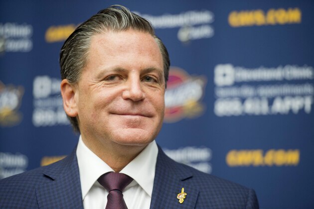 Cleveland Majority Owner Dan Gilbert, during a press conference at the team's headquarters to introduce Mike Brown as the teams new head coach on Wednesday, April 24, 2013, in Independence, Ohio. (AP Photo/Jason Miller)
