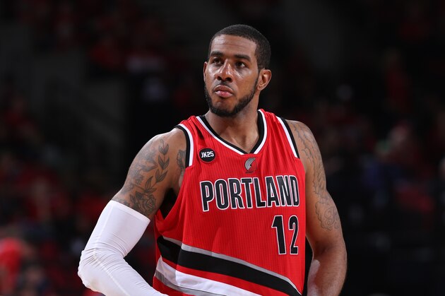 PORTLAND, OR - APRIL 25:  LaMarcus Aldridge #12 of the Portland Trail Blazers during the game against the Memphis Grizzlies in Game Three of the Western Conference Quarterfinals during the 2015 NBA Playoffs on April 25, 2015 at the Moda Center in Portland, Oregon. NOTE TO USER: User expressly acknowledges and agrees that, by downloading and or using this Photograph, user is consenting to the terms and conditions of the Getty Images License Agreement. Mandatory Copyright Notice: Copyright 2015 NBAE (Photo by Sam Forencich/NBAE via Getty Images)