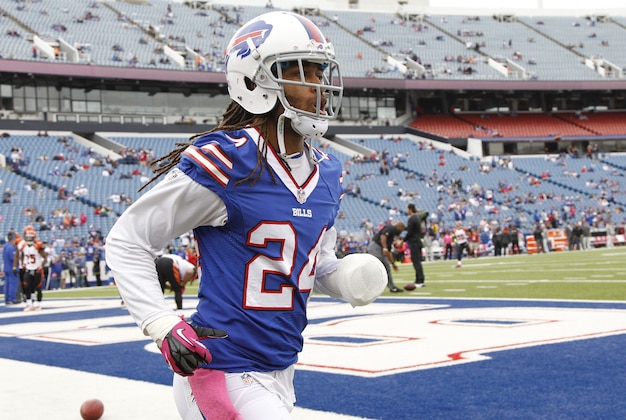 Oct 13, 2013; Orchard Park, NY, USA; Buffalo Bills cornerback Stephon Gilmore (24) heads to the field before the game against the Cincinnati Bengals at Ralph Wilson Stadium. Mandatory Credit: Kevin Hoffman-USA TODAY Sports